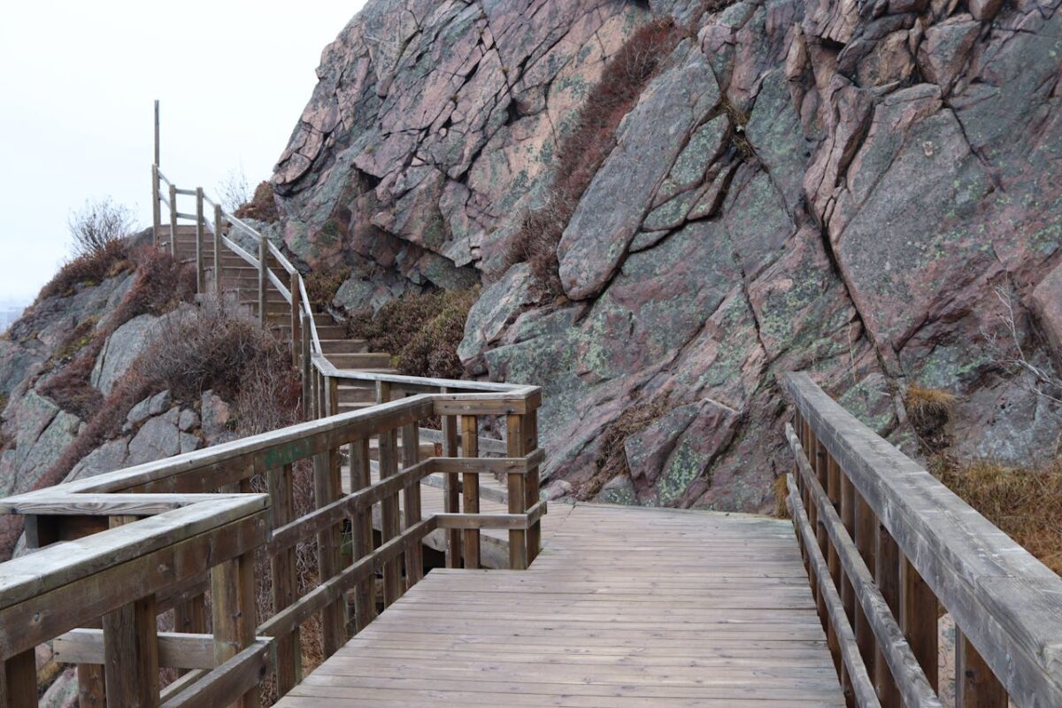 Wooden pathway next to a rocky cliff, creating a scenic outdoor area.